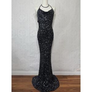 Vintage Scala Prom Dress Womens Medium Black Silk Sequin Halter Evening Gown
